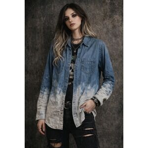 Flash and Trash Womens Dip Dye Bleach Wash Denim Button Down Shirt Blue White S